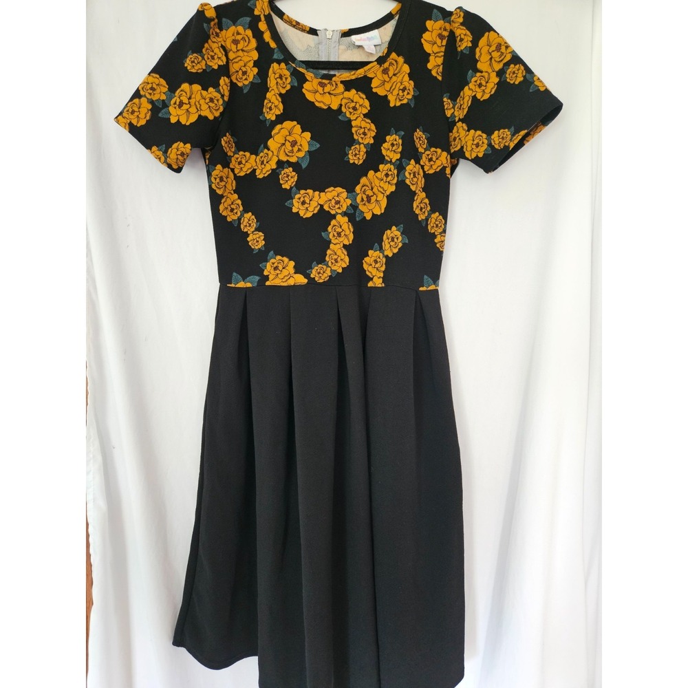 LulaRoe Amelia Black & Yellow Floral With Solid Skirt Dress Womens Size Medium